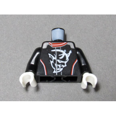 black torso racing suit with demon logo white and red stripes pattern black arms white hands