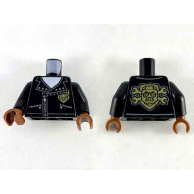 black torso police silver zippers and rivets gold badge front gold emblem with minifigure head and wrenches back pattern black arms reddish brown hands