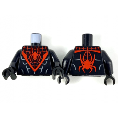 black torso large red v with webbing and spider pattern black arms black hands