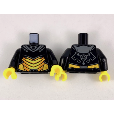 black torso armor dark bluish gray collar yellow abdomen plates with orange trim pattern black arms yellow hands