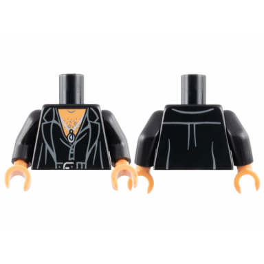 black torso jacket over partially open shirt belt with silver buckle nougat hairy chest pendant necklace pattern black arms nougat hands