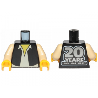 black torso sw vest and white shirt with 20 years lego star wars on back pattern han solo tan arms yellow hands