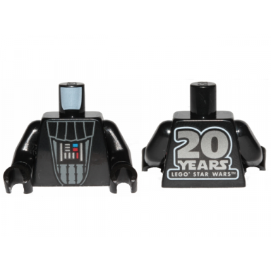 black torso sw darth vader with 20 years lego star wars on back pattern black arms black hands
