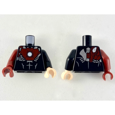 black torso dark red chest plate with arc reactor pattern black arm left dark red arm right light nougat hand left dark red hand right