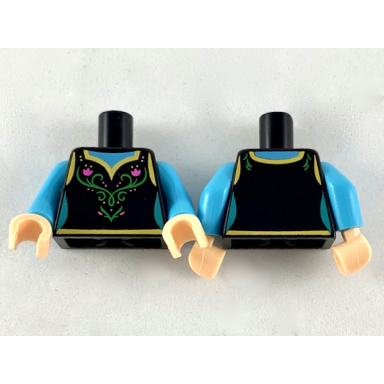 black torso female dress gold hems dark pink flowers and green filigree pattern medium azure arms light nougat hands