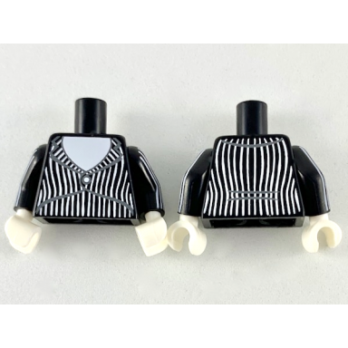 black torso tuxedo jacket with white shirt stripes and centered button pattern black arms with 6 white stripes pattern white hands