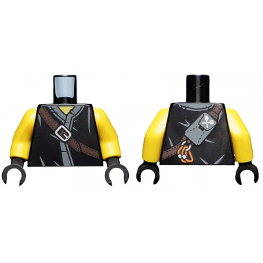 black torso ninjago robe with brown belt silver buckle cutlery pouch carabiners and dark bluish gray fabric creases pattern yellow arms black hands