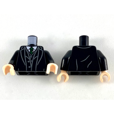 black torso suit with vest white shirt and dark green tie with silver pin pattern black arms light nougat hands