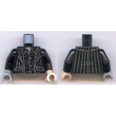 black torso suit with white and brown stripes pattern black arms light nougat hand left light bluish gray hand right