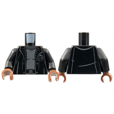 black torso black trench coat with gray shirt silver buttons and shield badge pattern black arms reddish brown hands