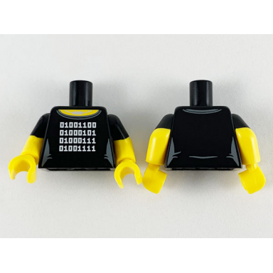 black torso female yellow neck silver necklace and 4 rows of white binary code logogram lego pattern yellow arms with molded black short sleeves pattern yellow hands