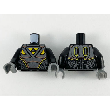black torso space armor pearl dark gray plates with copper trim and yellow triangles blacktron i logo pattern black arms dark bluish gray hands