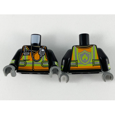 black torso orange vest with silver and lime stripes and silver radio pattern black arms with reflective stripes pattern dark bluish gray hands