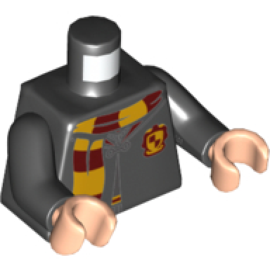 black torso hogwarts robe clasped with gryffindor shield and scarf pattern black arms light nougat hands