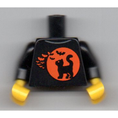 black torso black cat on orange moon background and bats pattern bam black arms yellow hands
