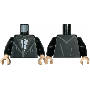 black torso jacket with wide lapels white shirt with black bow tie and vest pattern black arms light nougat hands