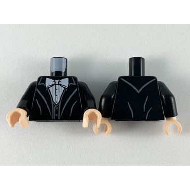 black torso jacket with white bow tie shirt and black vest pattern black arms light nougat hands