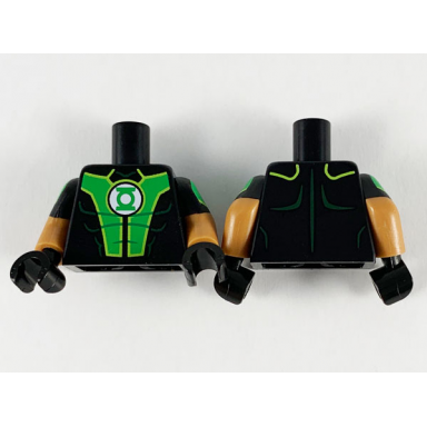 black torso bright green panels green lantern logo pattern medium nougat arms with black and bright green short sleeves pattern black hands