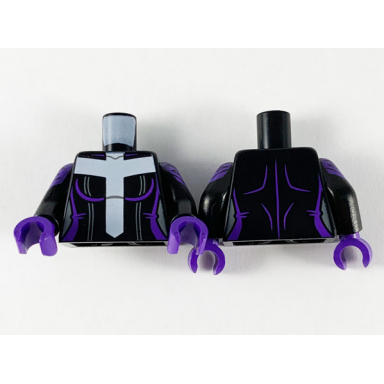 black torso female large white cross dark purple trim pattern black arms with dark purple plated shoulder armor pattern dark purple hands
