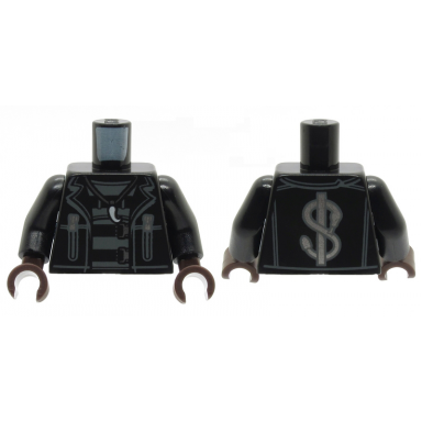 black torso jacket with zippers dollar sign on back claw necklace and belts pattern black arms dark brown hands