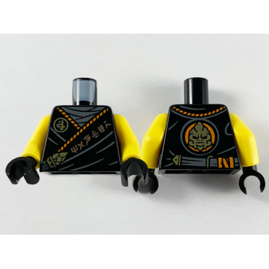 black torso tunic dark bluish gray shirt orange hem copper and gold ninjago logogram manter and gorilla pattern yellow arms black hands