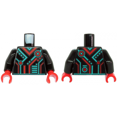 black torso dark turquoise and red stripes rectangles and circles pattern black arms red hands