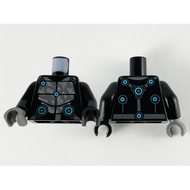 black torso armor silver plates and medium azure circles pattern black arms black hand left dark bluish gray hand right