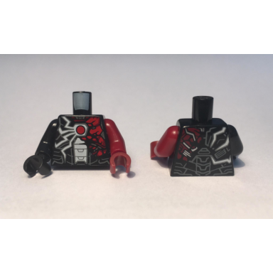 black torso armor red arc reactor white and red jagged lines pattern dark red arm and hand left black arm and hand right
