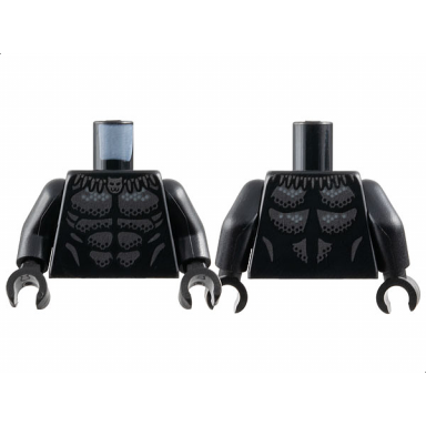 black torso super hero costume with dark silver armor plates and silver claw necklace with panther head pattern black arms black hands