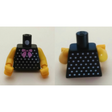 black torso with bright pink bow and white polka dots pattern bam yellow arms yellow hands