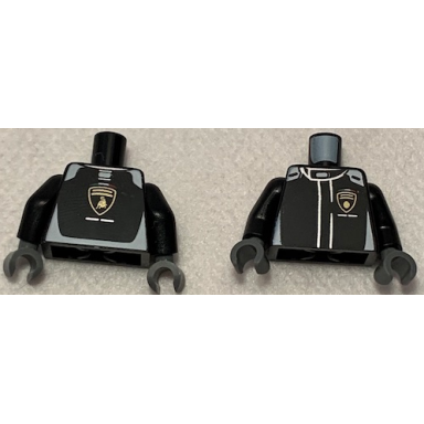 black torso racing suit with vertical white stripes and lamborghini logo on front and back pattern black arms dark bluish gray hands