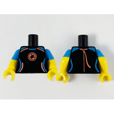 black torso female wetsuit coral and dark azure trim and turtle logo pattern yellow arms with molded dark azure short sleeves pattern yellow hands