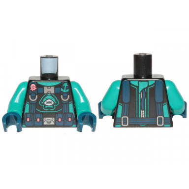 black torso diving suit with dark turquoise shark and anchor and dark pink octopus pattern dark turquoise arms dark blue hands