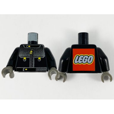 black torso studios racing suit with silver panel with gradient zipper with yellow pull lego logo on back pattern black arms dark gray hands