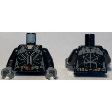 black torso female outline black suit with gray and silver lines gold belt with red buckle pattern black arms dark bluish gray hands