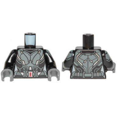 black torso female outline black suit with gray and silver lines and belt with red buckle pattern black arms with gray shoulder armor gray and gold stripes pattern dark bluish gray hands