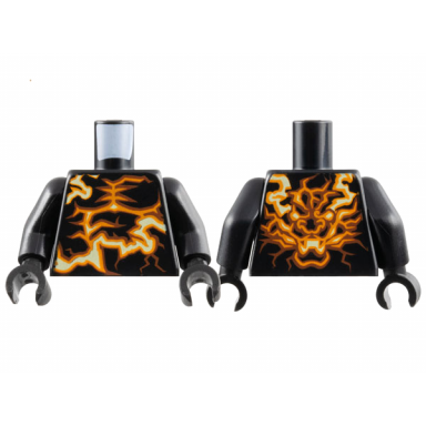 black torso ninjago bright light yellow and orange energy dragon face on back pattern black arms black hands