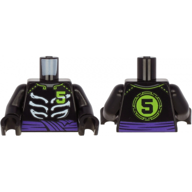 black torso ninjago skeleton ribs white purple waist sash and lime number 5 on front and back pattern black arms black hands