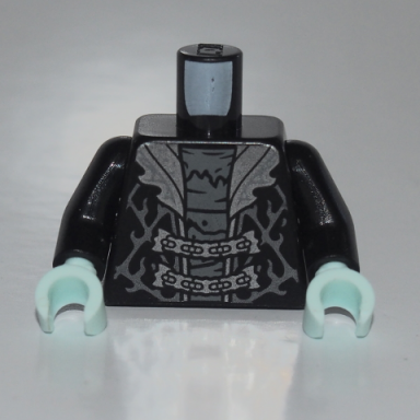 black torso coat silver lapels and fastenings pattern black arms light aqua hands