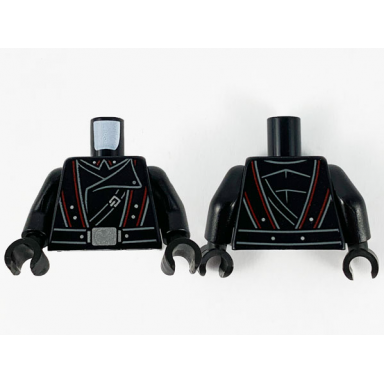 black torso jacket double breasted shoulder belts with red trim and silver buckle with hydra logo pattern black arms black hands