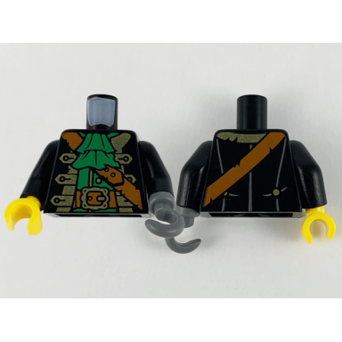 black torso pirate captain jacket open with gold trim over green shirt with wide neck ruffle dark orange strap belt with buckle pattern black arms dark bluish gray hook left yellow hand right
