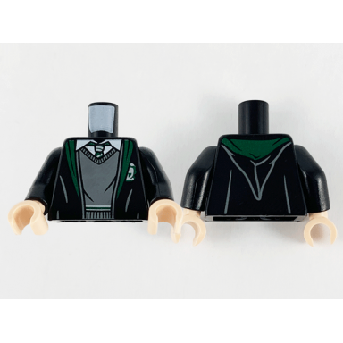 black torso robe with dark green hem and slytherin logo white shirt collar and dark bluish gray sweater pattern black arms light nougat hands