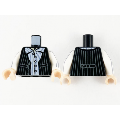 black torso vest over shirt and dark bluish gray pinstripes pattern white arms with 6 dark bluish gray pinstripes pattern light nougat hands