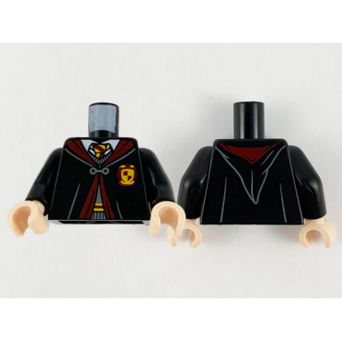 black torso hogwarts robe clasped over dark bluish gray sweater dark red and bright light orange tie and trim pattern black arms light nougat hands