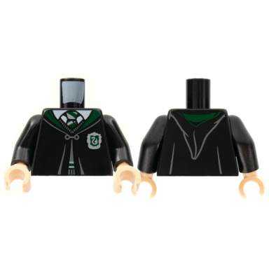 black torso hogwarts robe clasped with slytherin crest pattern black arms light nougat hands