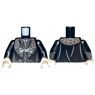 black torso robe open with button dark brown fur collar and entwined snakes clasp silver brooch pattern black arms light nougat hands