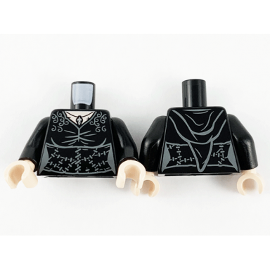 black torso female robe with hood light nougat neck silver pendant dark bluish gray filigree and stitches pattern black arms light nougat hands
