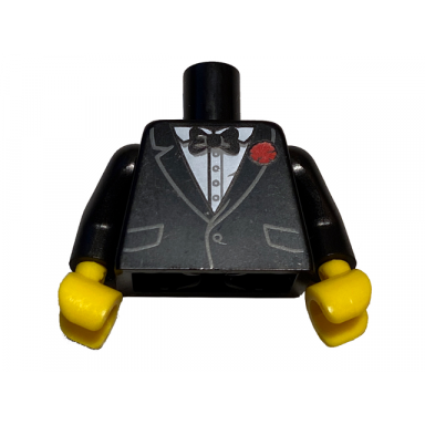 black torso jacket formal with black vest white shirt and black bow tie with red flower pattern bam black arms yellow hands