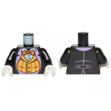 black torso batman suit with orange vest and orange bow tie pattern black arms white hands