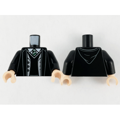 black torso jacket light bluish gray vest black sweater white collar green and white tie pattern black arms light nougat hands